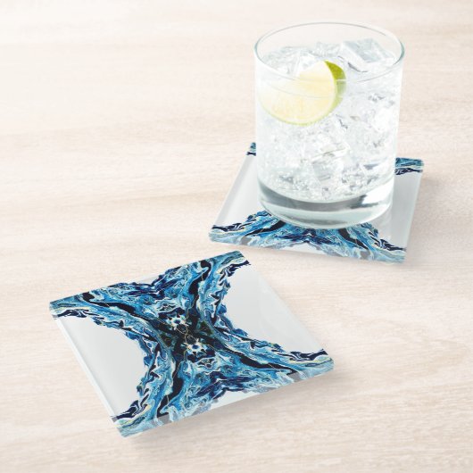 Abyss Abstract Navy Blue Gold White Fluid Art Glasuntersetzer (Schrägansicht)