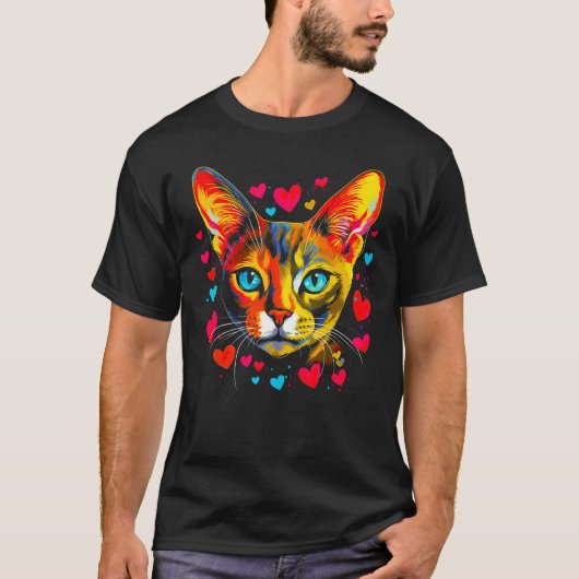 Abyssinian Cat Blue Pink Red Heart T-Shirt (Vorderseite)