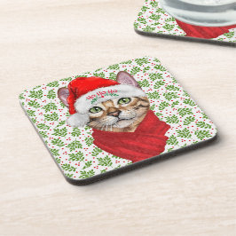Abyssinian Cat Ho Ho Ho Weihnachtsmannmütze Meowy  Getränkeuntersetzer