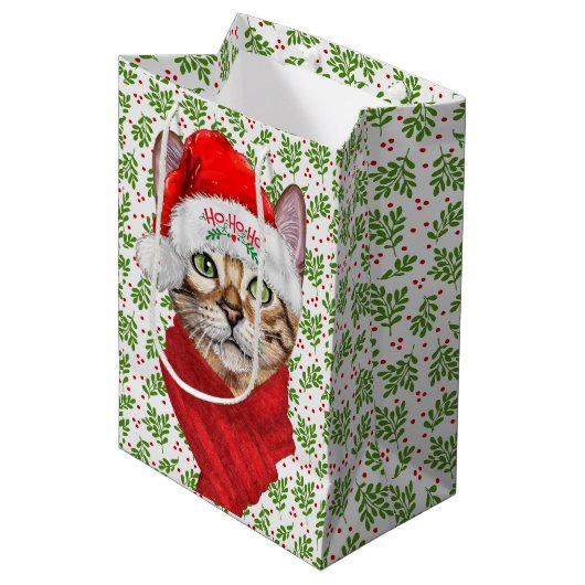 Abyssinian Cat Ho Ho Ho Weihnachtsmannmütze Meowy Mittlere Geschenktüte (Vorderseite Schrägansicht)