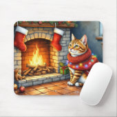 Abyssinian Cat Sitting by Fireplace with Christmas Mousepad (Mit Mouse)