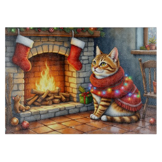 Abyssinian Cat Sitting by Fireplace with Christmas Schneidebrett (Vorderseite)