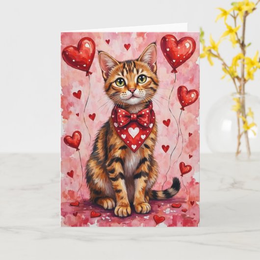 Abyssinian Cat Valentine Sitting with Hearts Red Karte (Gelbe Blume)