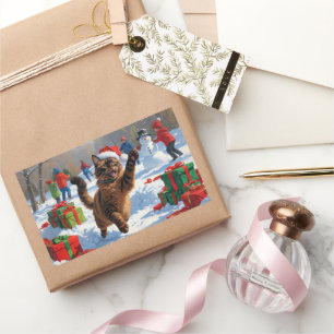 Abyssinian Cat Weihnachtsfest Schneeszene Rechteckiger Aufkleber