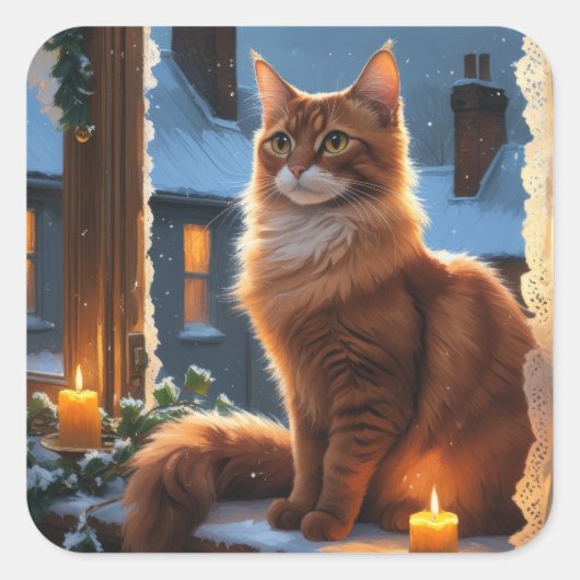 Abyssinian Cat With Christmas Lights Holiday Quadratischer Aufkleber (Vorderseite)