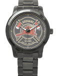 Abzeichen der Abteilung Feuerwehr ADD Armbanduhr<br><div class="desc">Firefighter NAME Fireman Feuer-Abteilung - Emblem mit Red Helmet und Ax. Passen Sie Ihre Name,  Station/Dept-Nummer und Position an.</div>