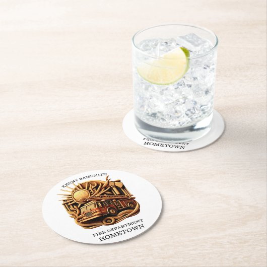 Abzeichen der Feuerwehr zum Schutz der Gemeinschaf Runder Pappuntersetzer (Vor Ort)