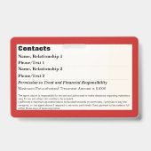 Abzeichen für den Notfall-Informationskarte für Ha Ausweis (Rückseite)