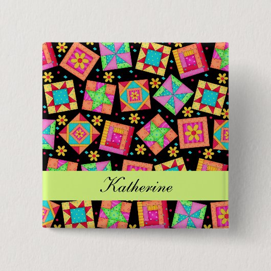 Abzeichen für schwarz-grüne Patchwork-Quilt-Blöcke Button (Vorderseite)