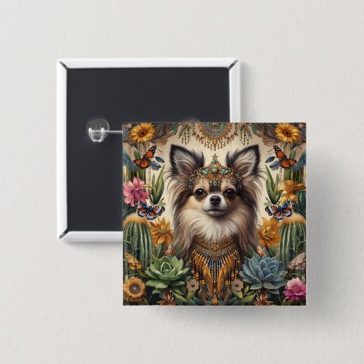 Abzeichen Long haar Chihuahua mexikanische Blumenk Button (Vorne & Hinten)