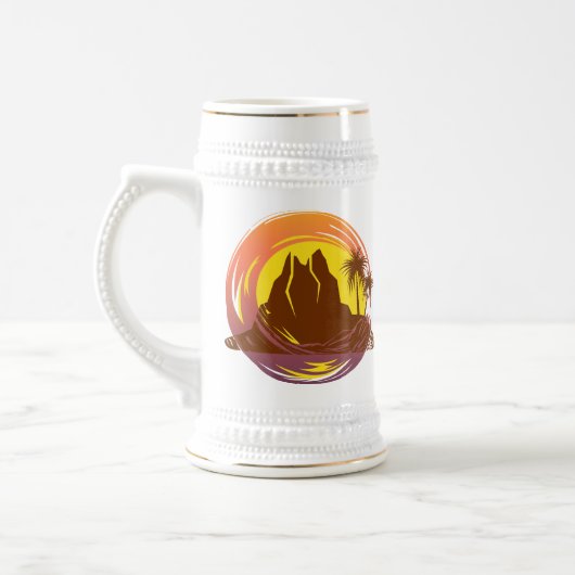 Abzeichen mit tropischer Vulkanlandschaft und Palm Bierglas (Links)