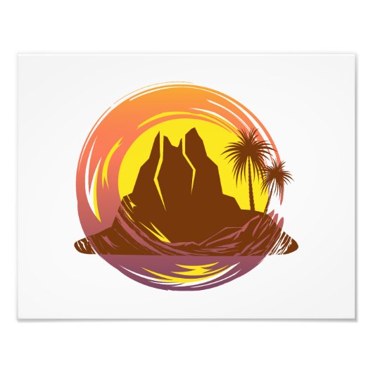 Abzeichen mit tropischer Vulkanlandschaft und Palm Fotodruck (Vorne)