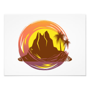 Abzeichen mit tropischer Vulkanlandschaft und Palm Fotodruck