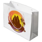 Abzeichen mit tropischer Vulkanlandschaft und Palm Große Geschenktüte (Rückseite Schrägansicht)