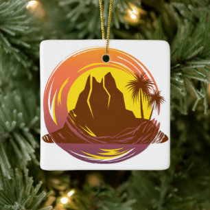 Abzeichen mit tropischer Vulkanlandschaft und Palm Keramikornament