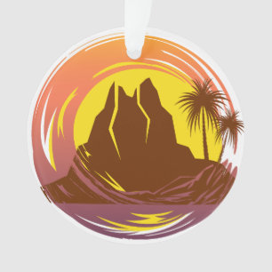 Abzeichen mit tropischer Vulkanlandschaft und Palm Ornament