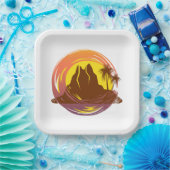 Abzeichen mit tropischer Vulkanlandschaft und Palm Pappteller (Party)