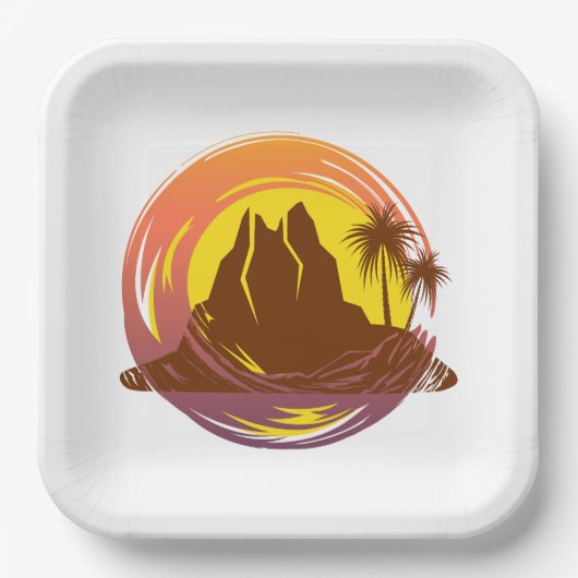 Abzeichen mit tropischer Vulkanlandschaft und Palm Pappteller (Vorderseite)