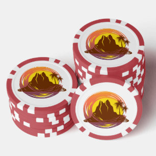 Abzeichen mit tropischer Vulkanlandschaft und Palm Pokerchips