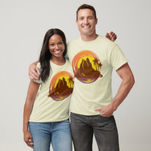 Abzeichen mit tropischer Vulkanlandschaft und Palm T-Shirt