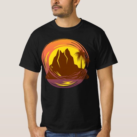 Abzeichen mit tropischer Vulkanlandschaft und Palm T-Shirt (Vorderseite)