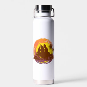 Abzeichen mit tropischer Vulkanlandschaft und Palm Trinkflasche