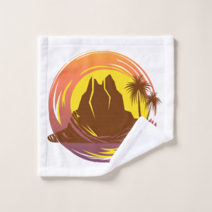 Abzeichen mit tropischer Vulkanlandschaft und Palm Waschlappen