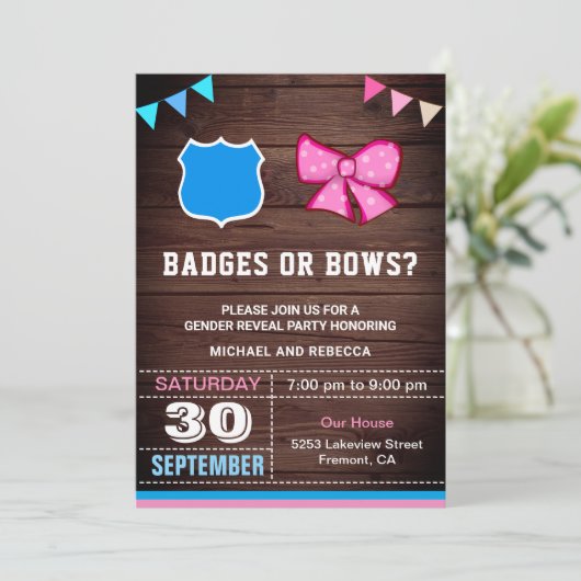 Abzeichen oder Bows Gender Reveal Party Einladung (Stehend Vorderseite)