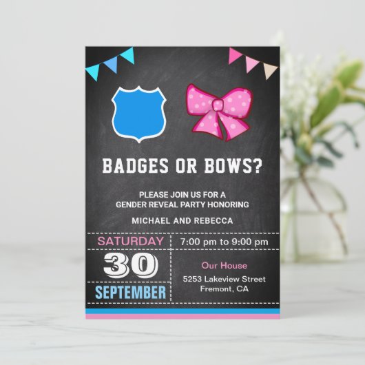 Abzeichen oder Bows Gender Reveal Party Einladung (Stehend Vorderseite)