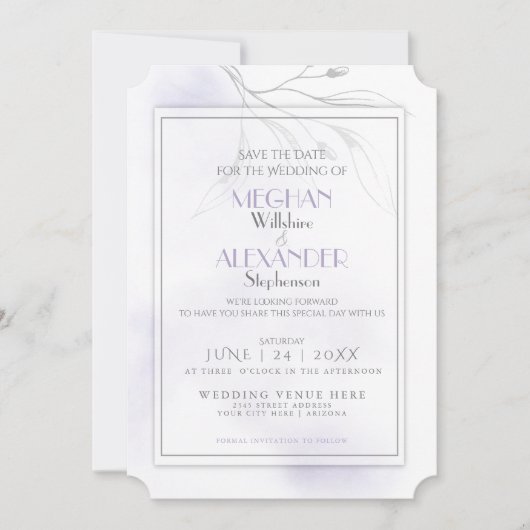 Abzweigung Pale Lilac Watercolor Pewter Willow Save The Date (Vorderseite)