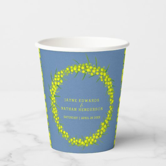 Acacia gelben Wattle on Blue Art Hochzeit Pappbecher (Vorderseite)