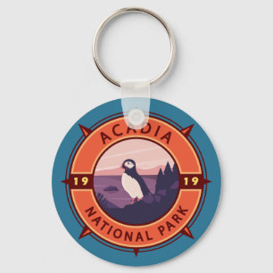 Acadia National Park Puffin Retro Compass Emblem Schlüsselanhänger