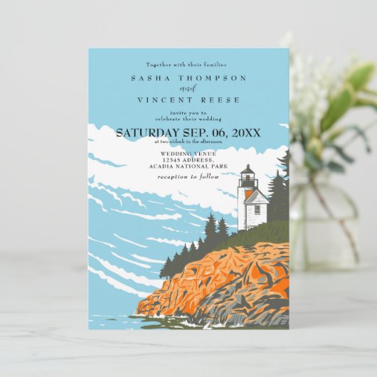 Acadia National Park Wedding Invitation Retro Einladung (Stehend Vorderseite)