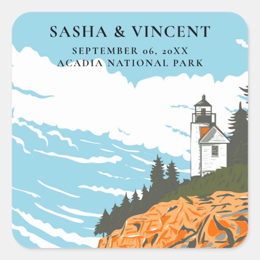 Acadia National Park Wedding Retro Quadratischer Aufkleber (Vorderseite)