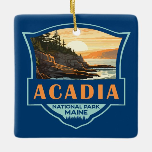 Acadia Nationalpark Illustration Retro Abzeichen Keramikornament (Vorderseite)