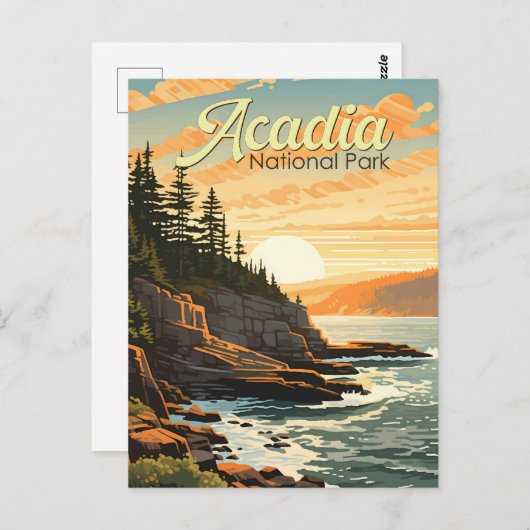 Acadia Nationalpark Illustration Retro Postkarte (Vorne/Hinten)