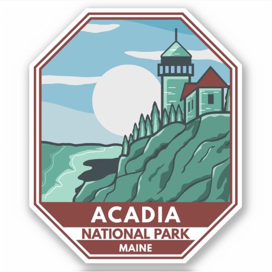 Acadia Nationalpark Maine Leuchtturm Retro Emblem Aufkleber (Vorderseite)