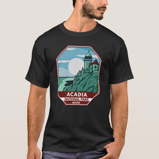 Acadia Nationalpark Maine Leuchtturm Retro Emblem T-Shirt (Vorderseite)