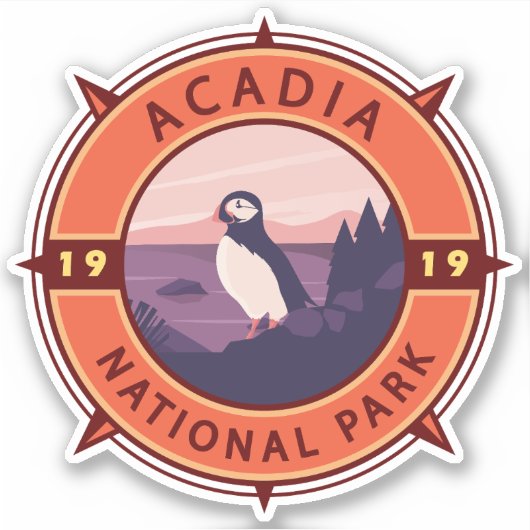Acadia Nationalpark Puffin Retro Kompass Emblem Aufkleber (Vorderseite)