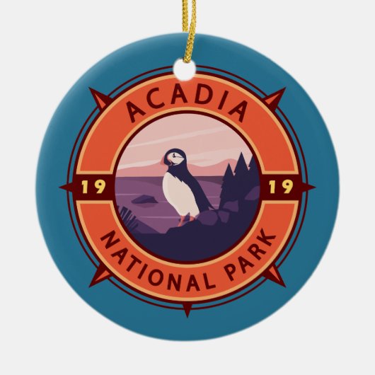Acadia Nationalpark Puffin Retro Kompass Emblem Keramik Ornament (Vorne)