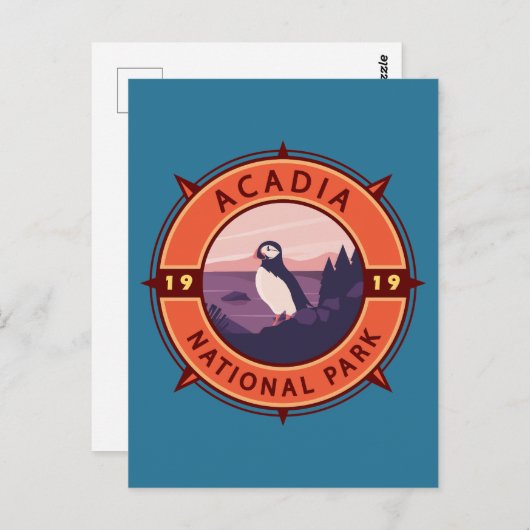 Acadia Nationalpark Puffin Retro Kompass Emblem Postkarte (Vorne/Hinten)