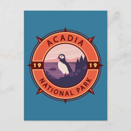 Acadia Nationalpark Puffin Retro Kompass Emblem Postkarte (Vorderseite)