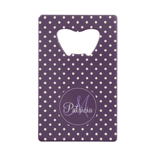 Acai Lila Violet & White Polka Dots Mit Monogramm Kreditkartenflaschenöffner (Vorderseite)