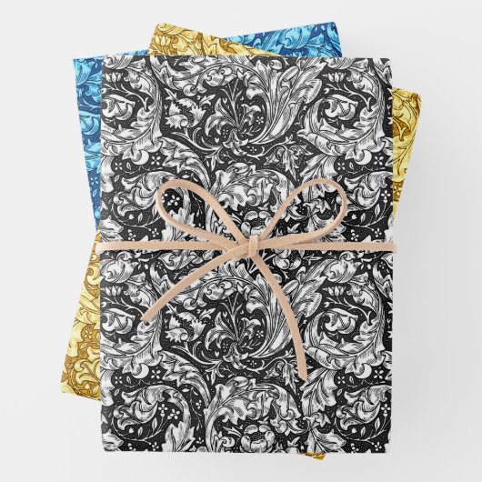 Acanthus-Blätter, Schwarz & Weiß, Gold & Blau Geschenkpapier Set (Beispiel)