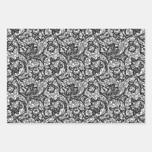 Acanthus-Blätter, Schwarz & Weiß, Gold & Blau Geschenkpapier Set (Vorderseite)