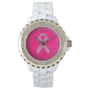 Accent Chrome Glitzer Style Rosa Ribbon Bewusstsei Armbanduhr
