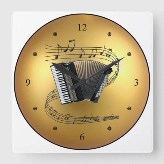 Accordion~Musical Scroll~Golden Globe Background ~ Quadratische Wanduhr (Vorderseite)