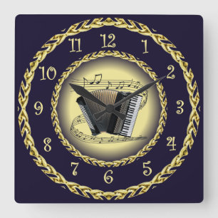 Accordion ~ Musikalische Scroll ~ Gold/Navy Blue ~ Quadratische Wanduhr