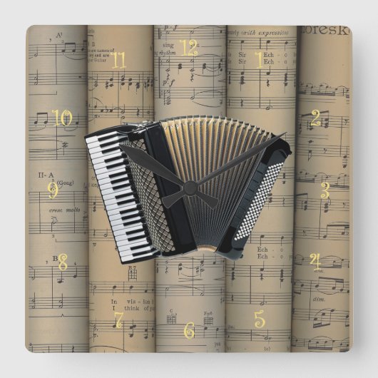 Accordion ~ Rolled Sheet Music Background ~ Musik Quadratische Wanduhr (Vorderseite)