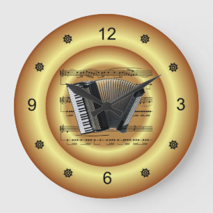 ~ Accordion~ Sheet Music ~ Gold Background ~ Große Wanduhr
